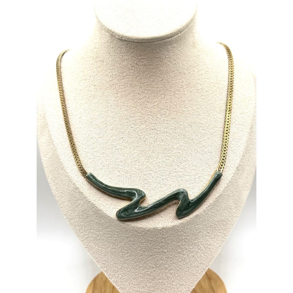 Teal Wave Pendant Necklace – Gold Tone Chain
